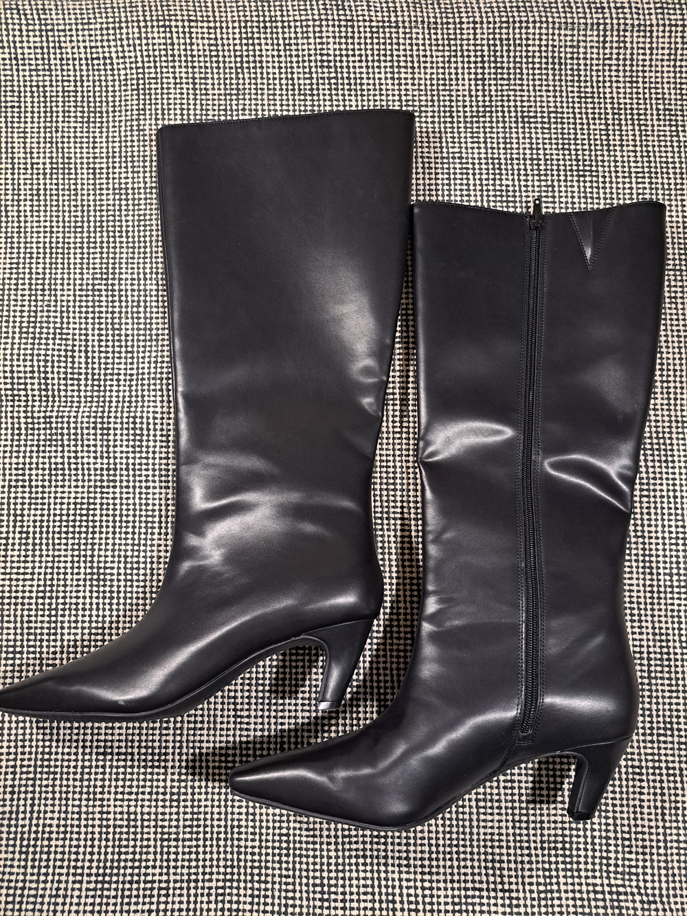 INC International Concepts Black Pointed-Toe Knee-High Heeled Boots
